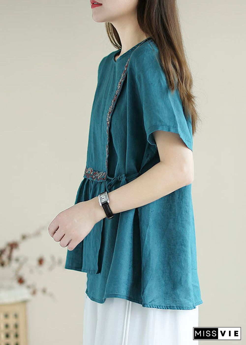 Bohemian Blue Embroideried  Shirt Top Short Sleeve