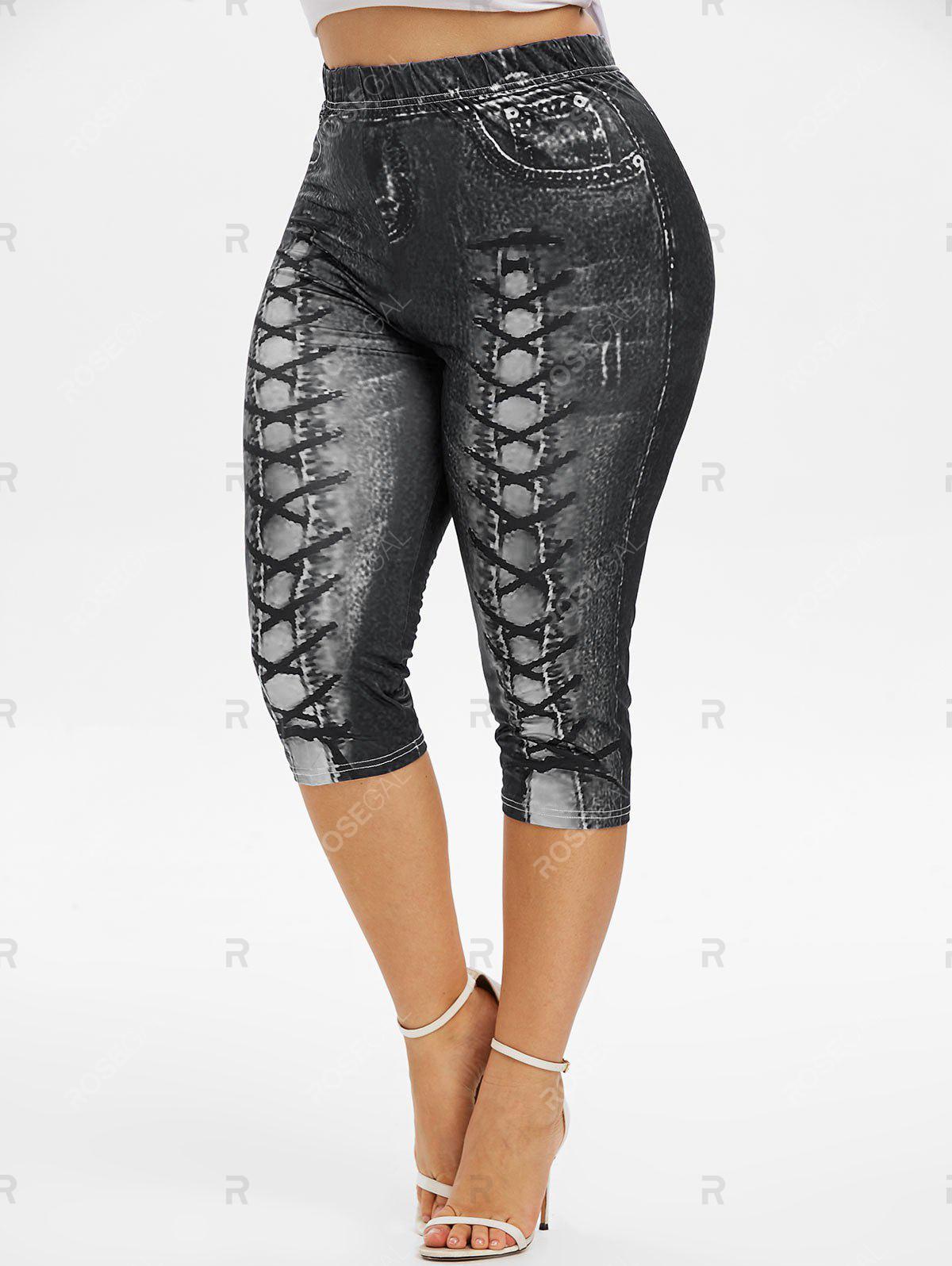 Heart Buckle Layered Tank Top and 3D Lace Up Jean Print Capri Leggings Plus Size Outfit