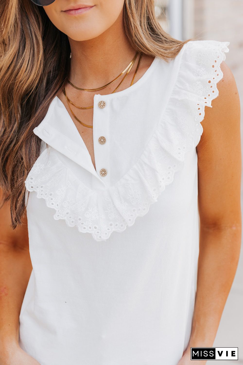 White Buttons Ruffled Tank Top