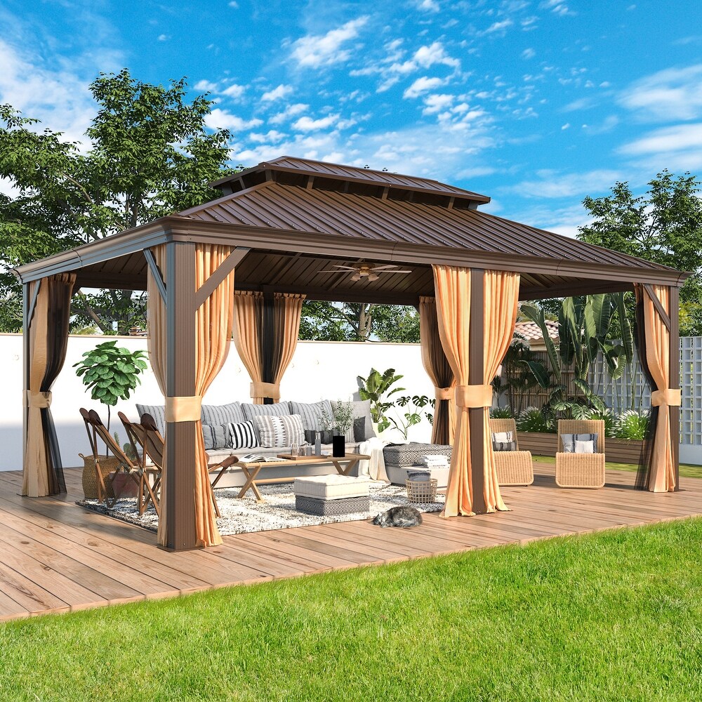 Outdoor Galvanized Steel Hardtop Patio Gazebo Pergola w/Aluminum Frame  Prime Curtains and nettings include