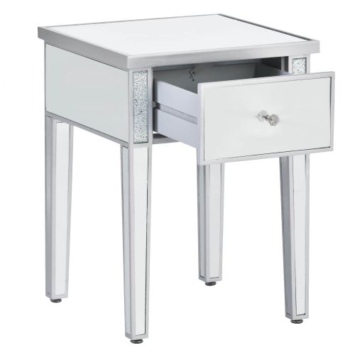 Mirrored End Table, Crystal End Table with 1 Drawer, Mirror Accent Silver Table with Adjustable Height Legs for Living Room