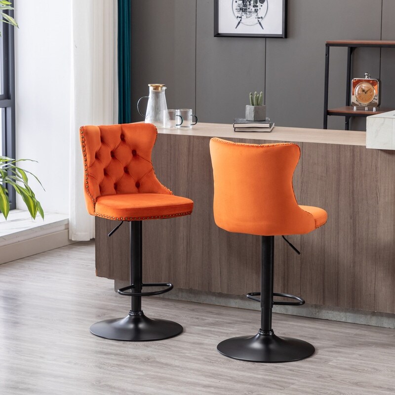 Swivel Velvet Orange Barstools Adjusatble Seat Height (Set of 2)