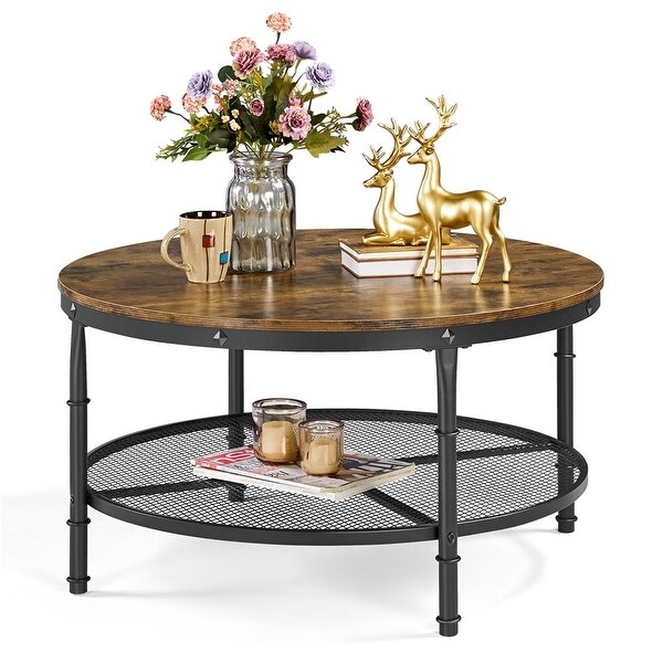 Round Metal Coffee Table with Storage Shelf， Rustic Brown