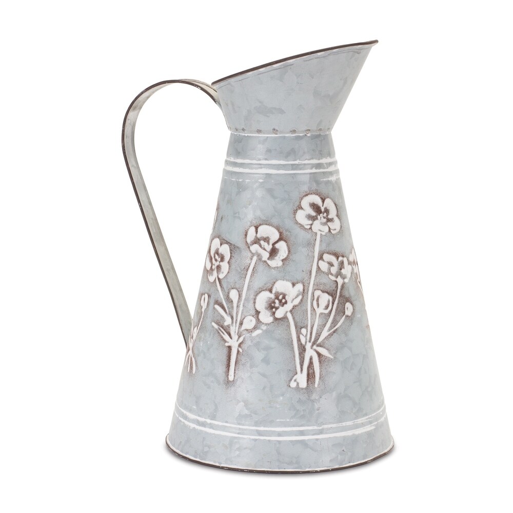 Floral Stamped Metal Pitcher Vase 12.5\