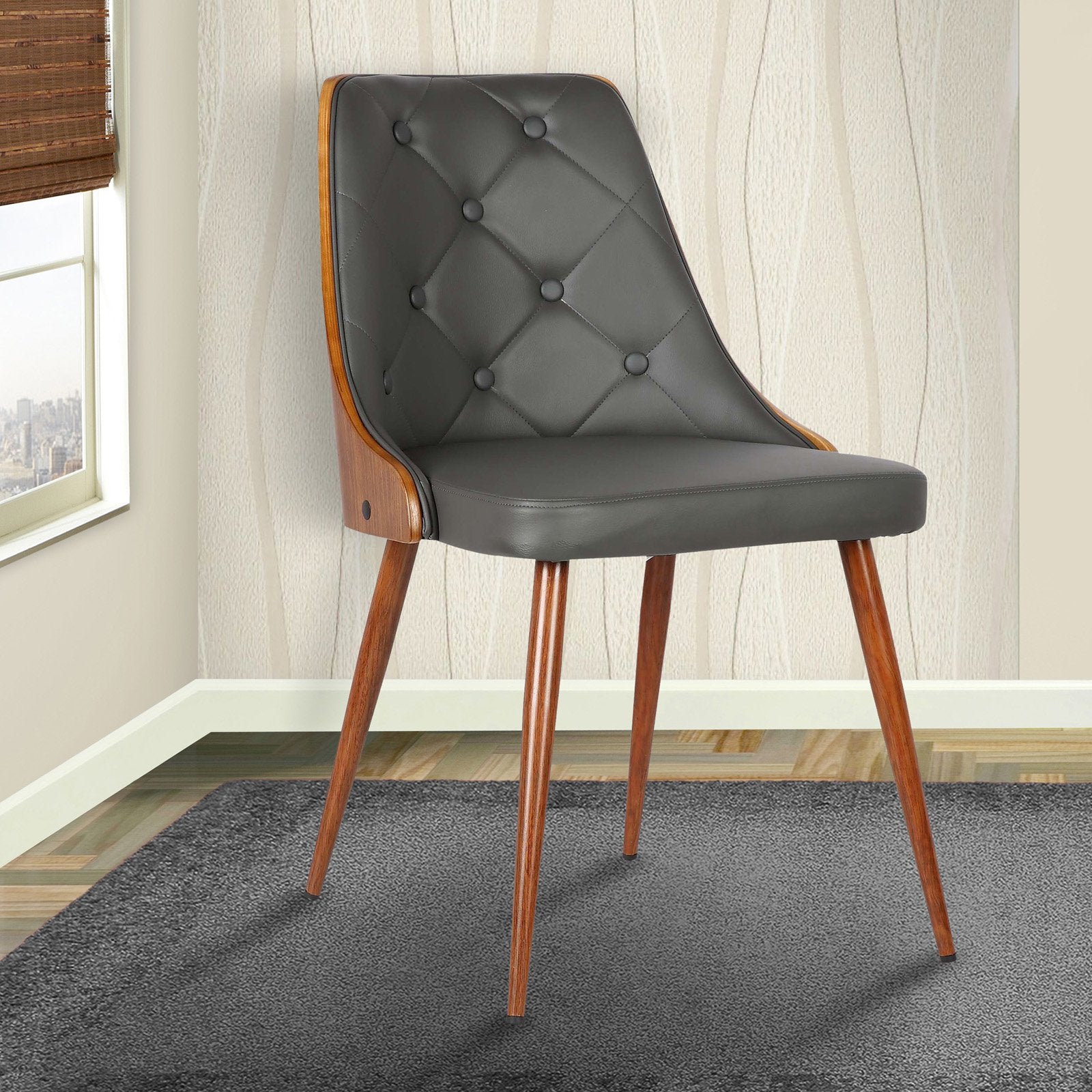 Armen Living Lily Dining Chair Upholstered Tufted Grey with Wood Legs