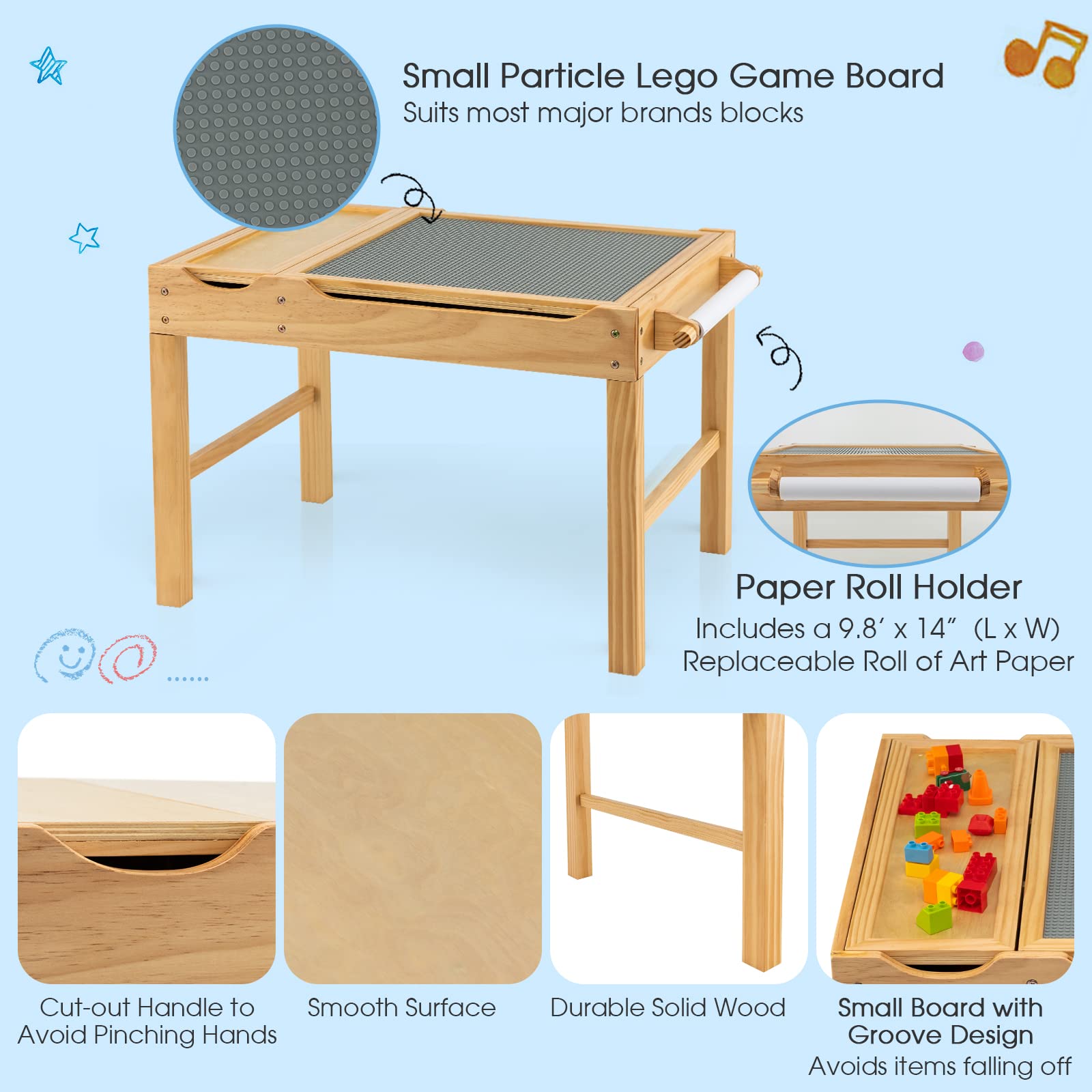 Costzon Kids Table, 3 in 1 Wood Building Block Desk w/Storage, Paper Roll