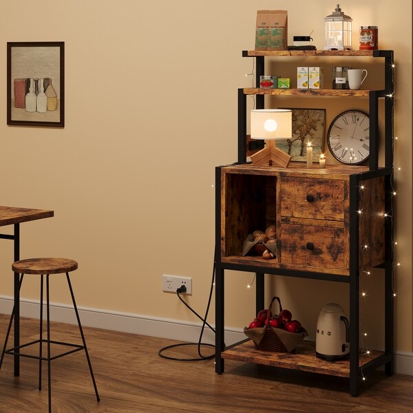 Bakers Rack with Power Outlet， Coffee Bar Table， Kitchen Sideboard Buffet Cabinet with 2 Drawer