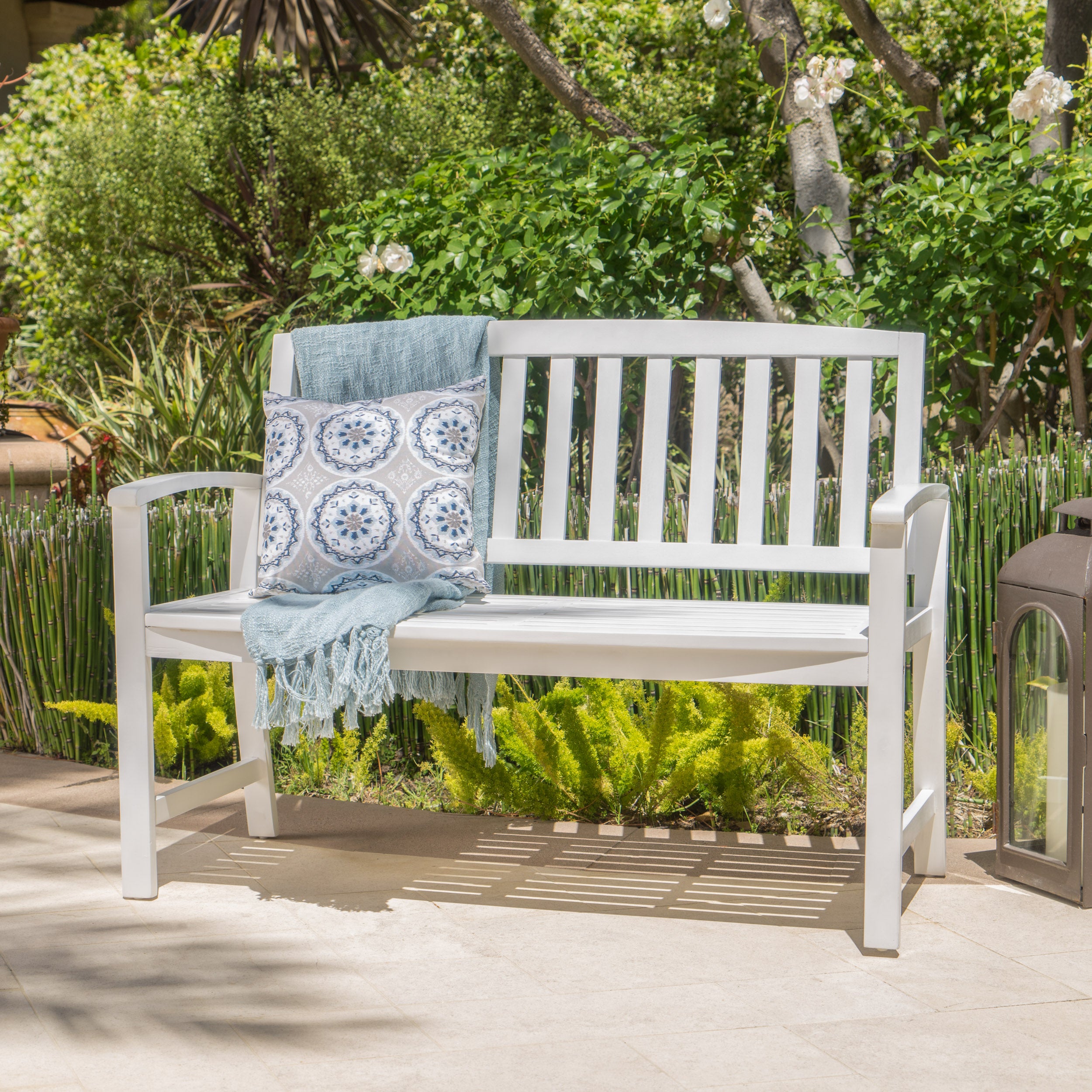 Laguna Outdoor Rustic Acacia Wood Bench with Open Slat Backrest