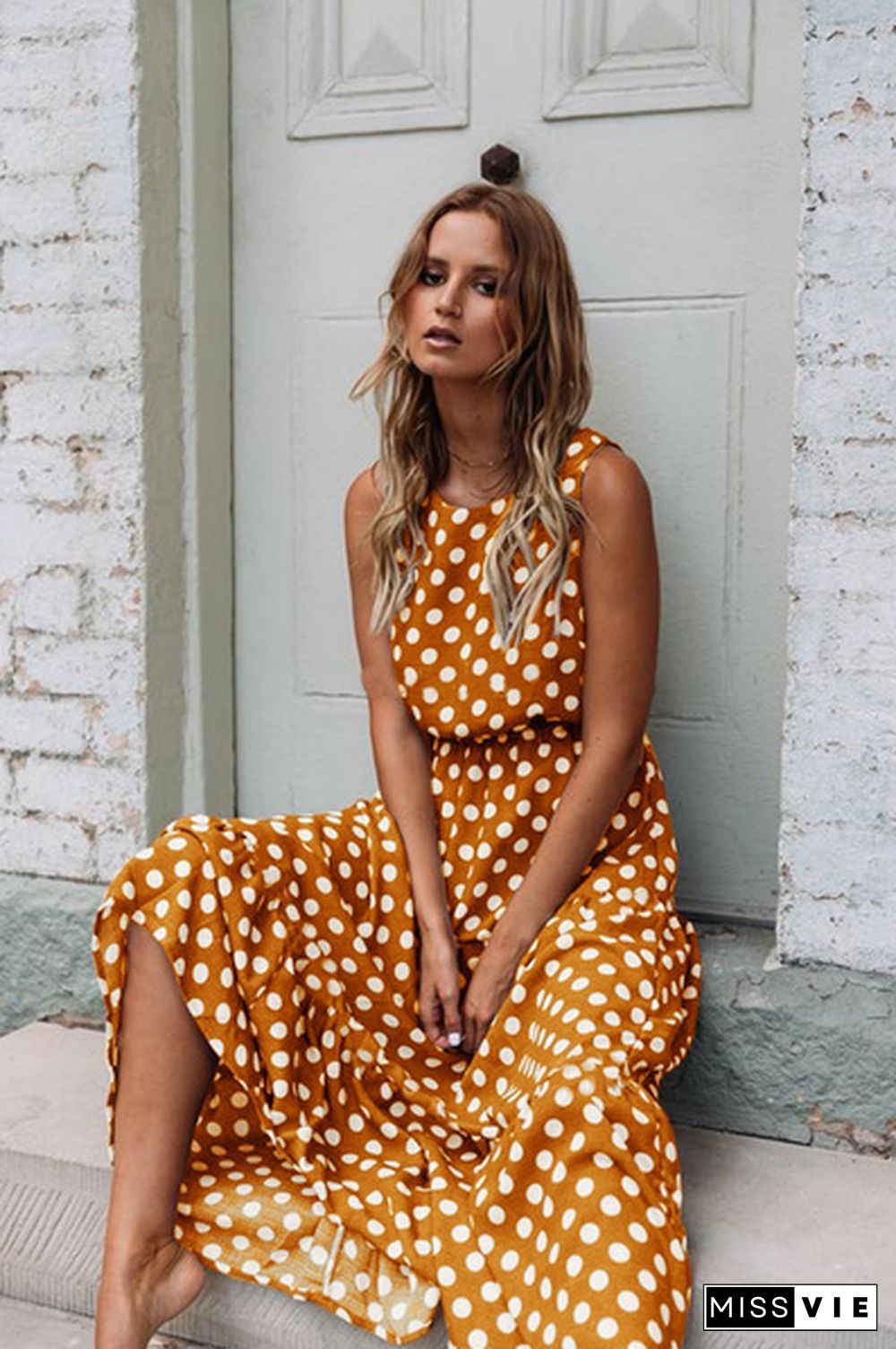 Summer Women New Fashion Sleeveless Polka Dot Maxi Dresses High Waist Casual Beach Long Dress