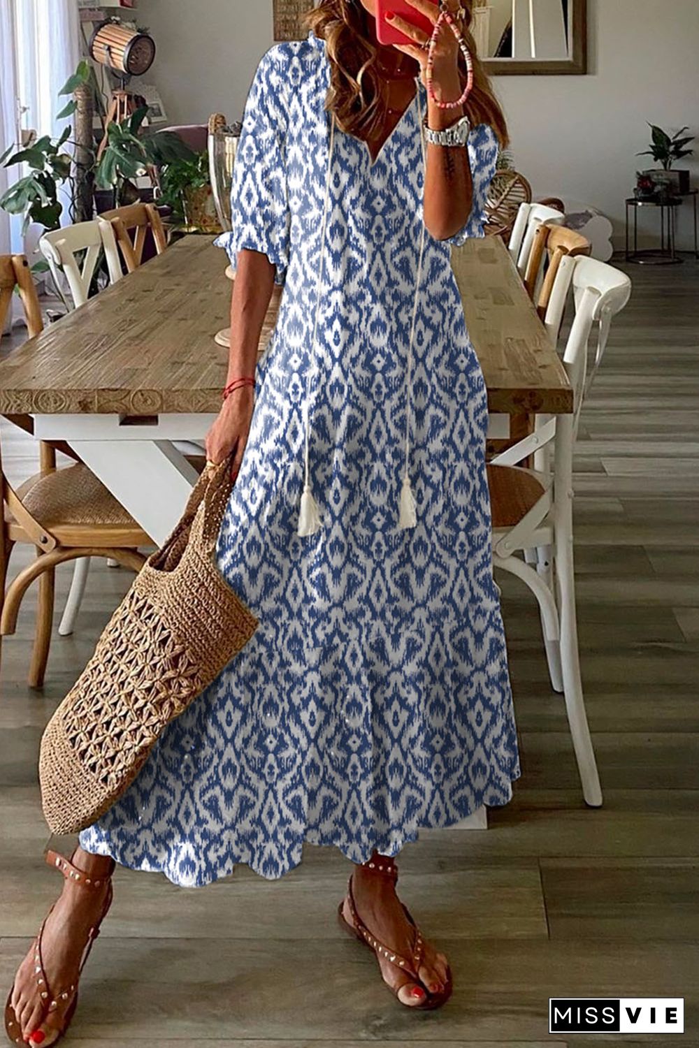 Sky Blue V Neck Casual Geometric Print Maxi Dress