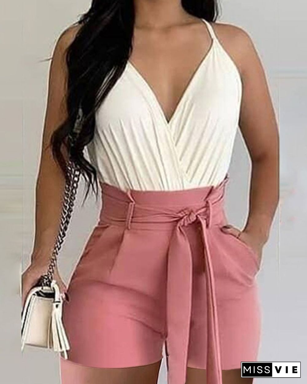 Solid Color V-Neck Sleeveless Belted Waist Shorts Suit Set