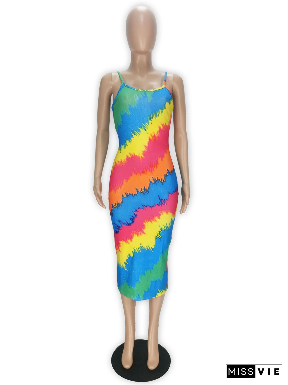 Tie Dye Striped Spaghetti Strap Skinny Midi Dresses