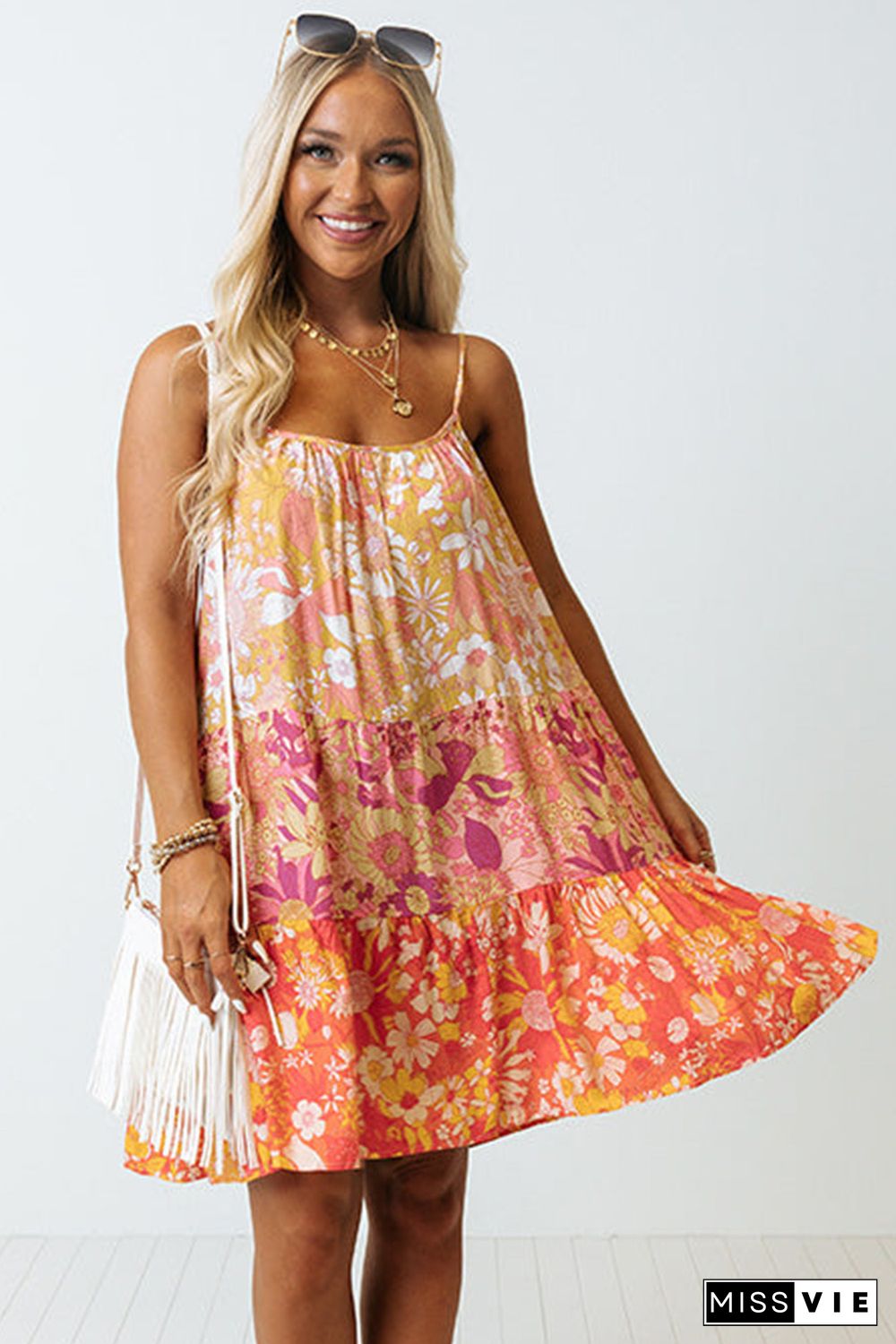 Orange Floral Print Tiered Spaghetti Straps Shift Dress