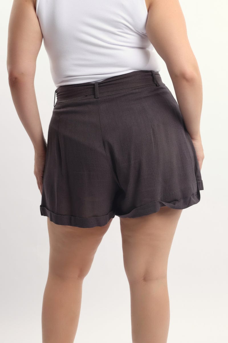 Brown Belted Linen Blend Shorts