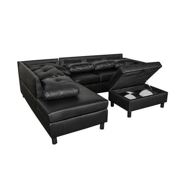 3PC Sectional Sofa Faux Leather Left-Facing Sofa Storage Ottoman Black