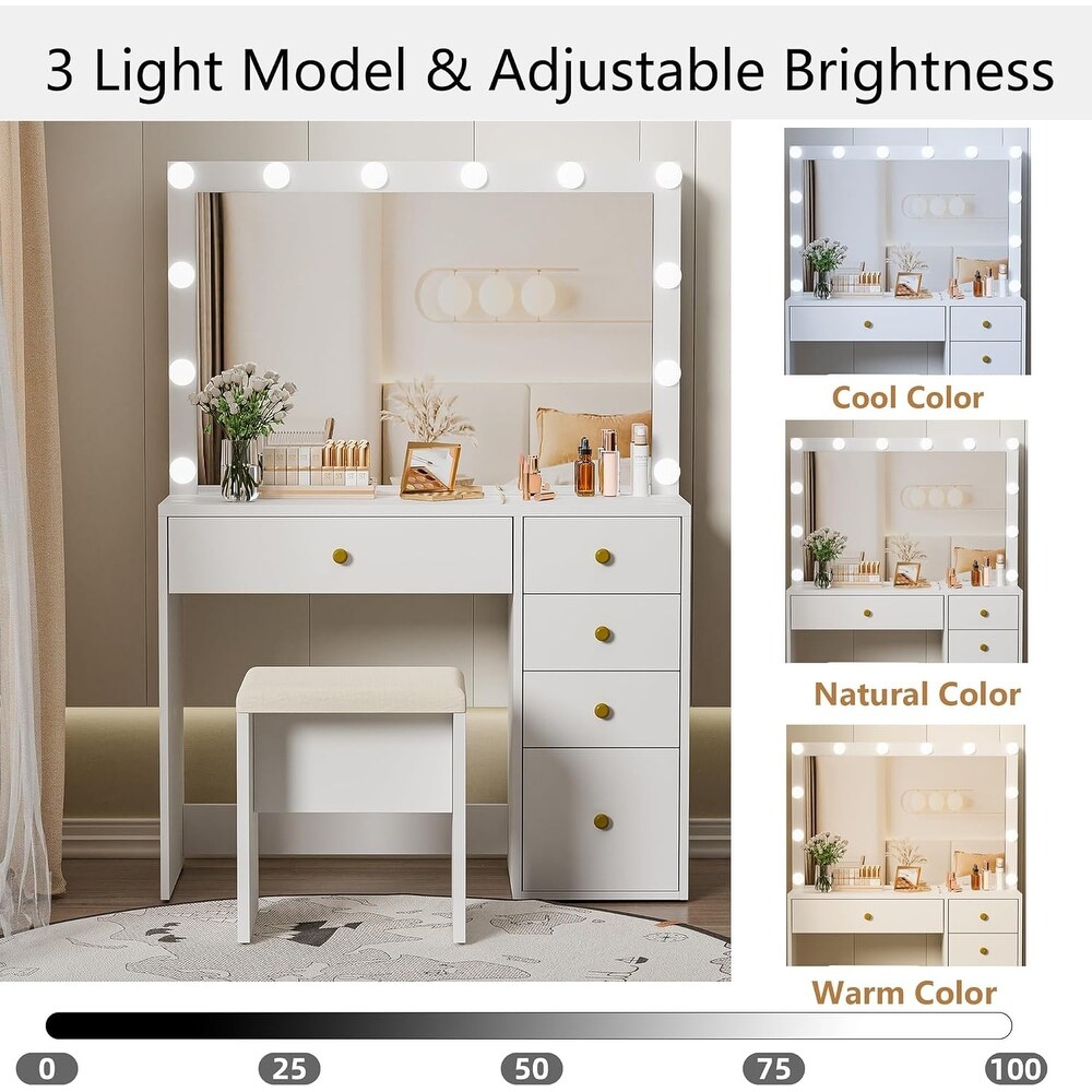 39.3'' Makeup Vanity with 3 Lighting Colors   Power Outlet  5 Drawers  Hidden Shelves