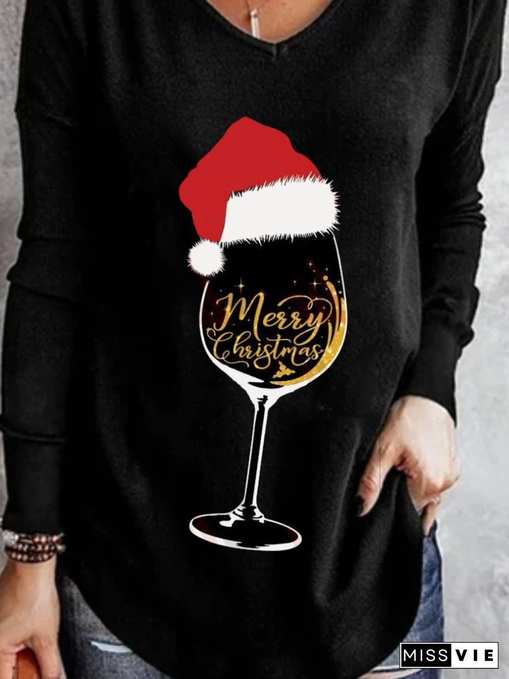 Christmas Xmas Wine Hats Long Sleeve V Neck Plus Size Printed Tops T-shirts