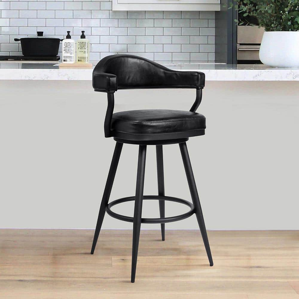 Armen Living Amador 30 in. Bar Height Bar Stool in a Black Powder Coated Finish and Vintage Black Faux Leather 721535746972