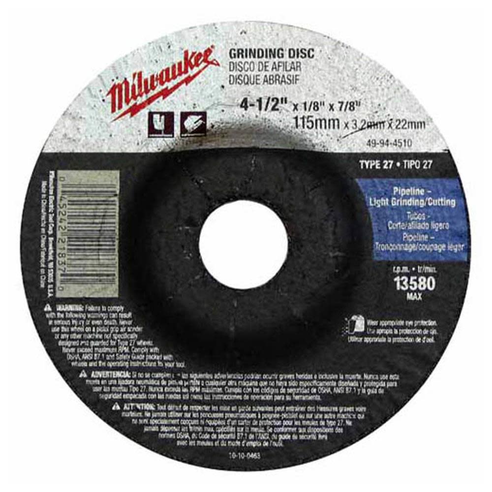 Milwaukee 4-1/2 in. x 1/8 in. x 7/8 in. Grinding Wheel (Type 27) 49-94-4510 from Milwaukee