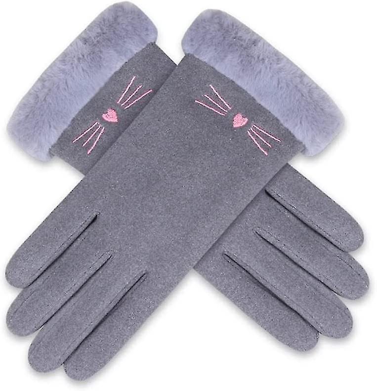 Women Winter Keep Warm Touch Screen Plus Velvet Inside Thicken Cartoon Cat Gloves Suede Villi Wrist Cute Lovely Style Soft2pcsgrey