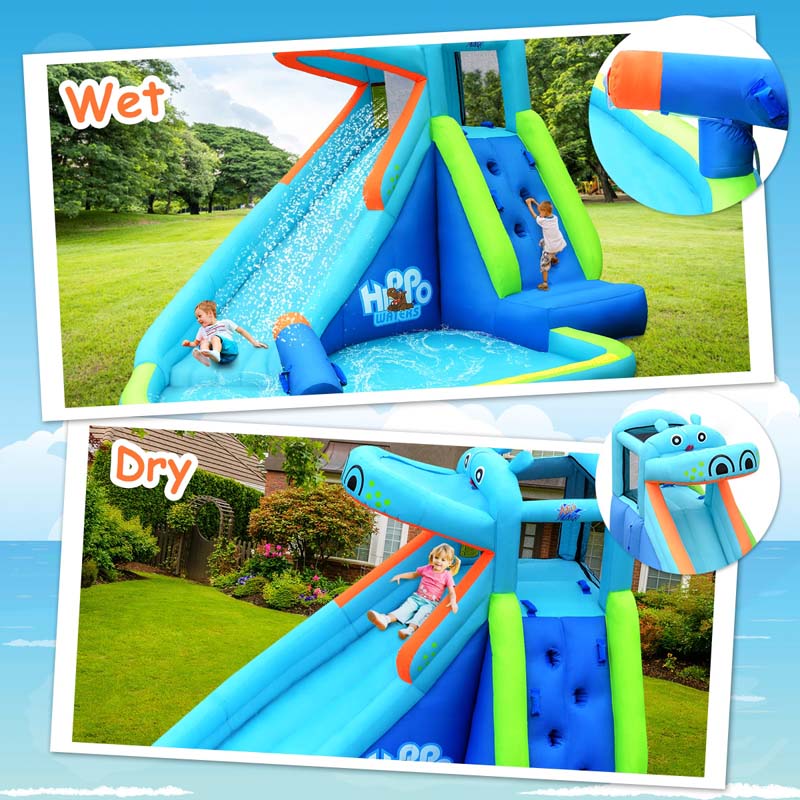 5-in-1 Hippo Water Park Bounce House Inflatable Water Slide with Splash Pool, Climbing Wall, Water Cannon, 740W Blower