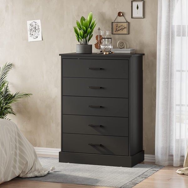 Black 5 Drawer Dresser for Bedroom， Tall Dresser with Sturdy Base， Wooden Large Capacity Storage Cabinet - as picture - - 37668211