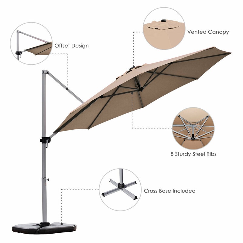 11 FT Patio Offset Cantilever Umbrella 360° Rotation Tilt with Cross Base & Crank Handle