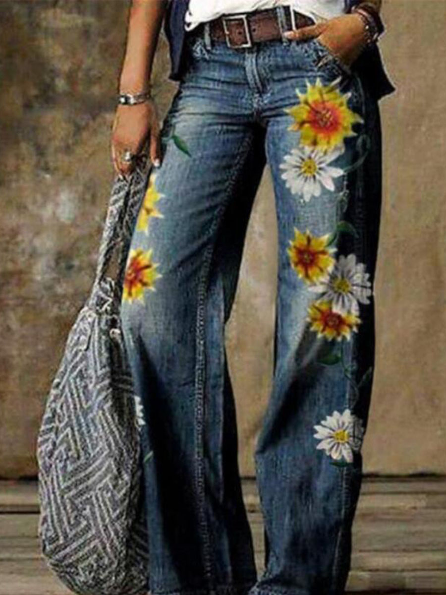 Denim Print Loose Retro Pants