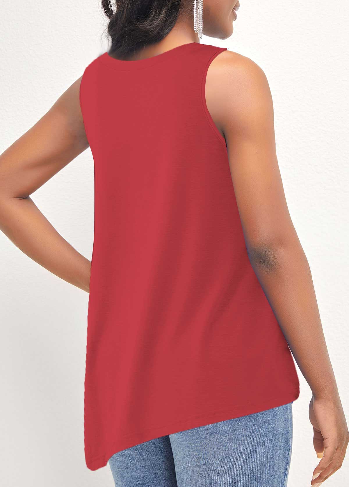 Asymmetric Hem Decorative Button Coral Red Tank Top