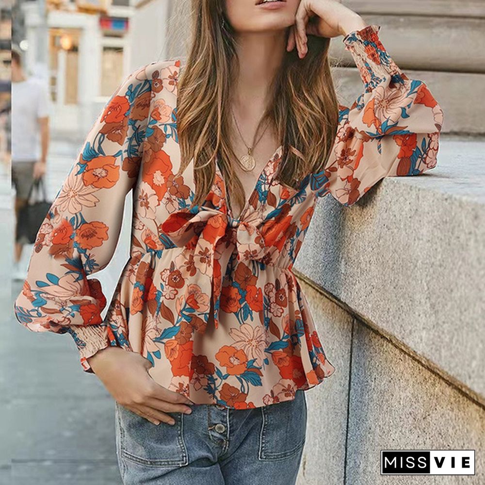 Women Casual V Neck Full Sleeved Top Holiday Printed Retro Spring Shirt Blouse Plus Size