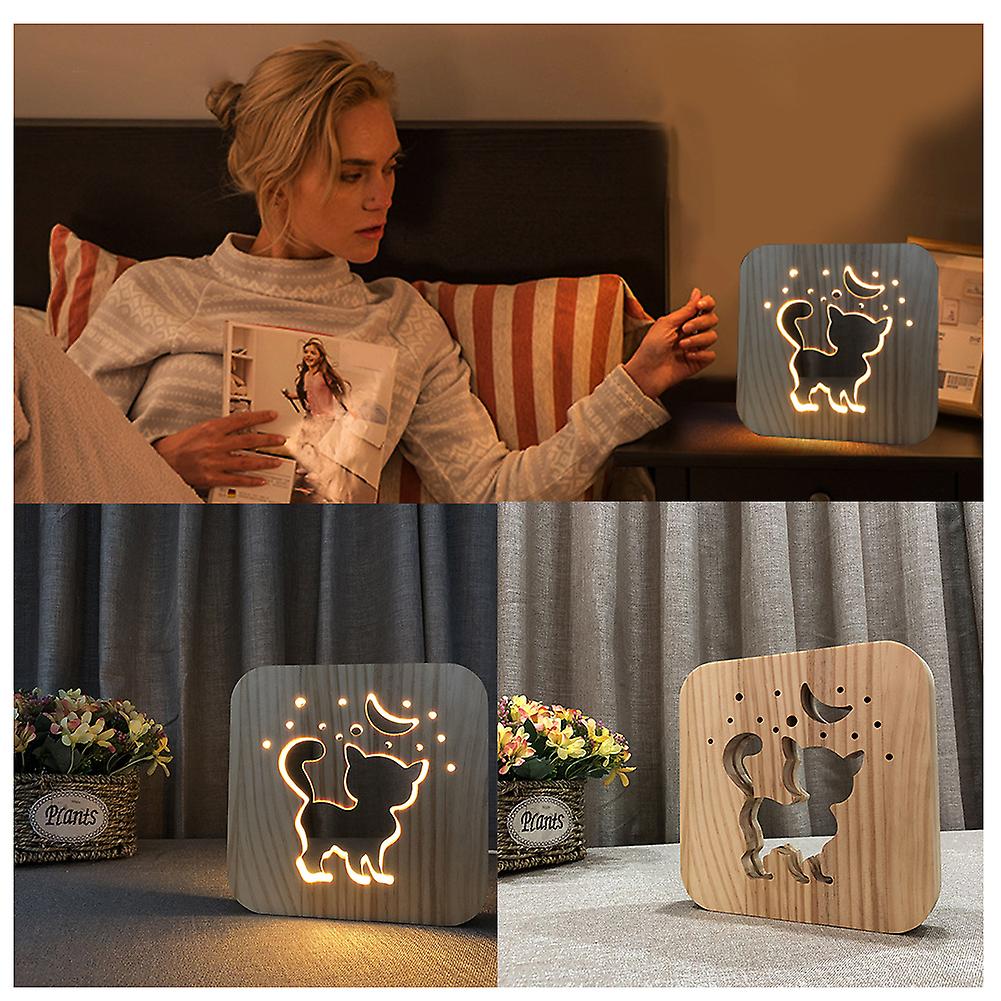 3d Kitten Wood Table Lamp Led Usb Charging Table Nightlight For Home Bedroom