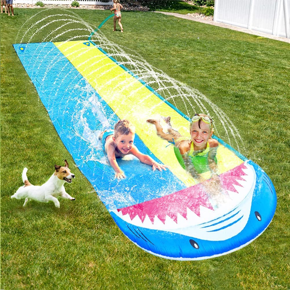 Lavinya 16 Ft Double Lane Slip Water Slide for Kids with 2 Bodyboards, Summer Lawn Water Slide Toy for Outdoor Endless Fun