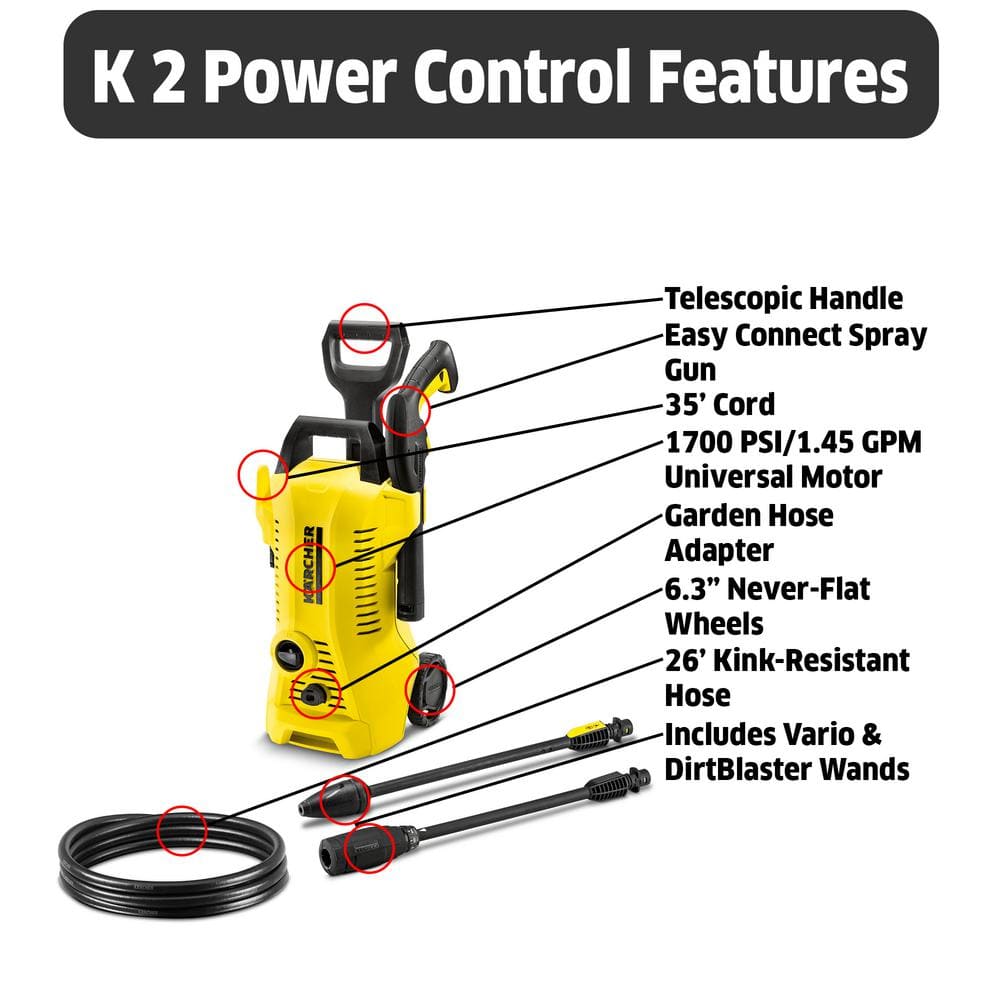 Karcher 1700 PSI 145 GPM K 2 Power Control Cold Water Electric Pressure Washer Plus Vario and DirtBlaster Spray Wands