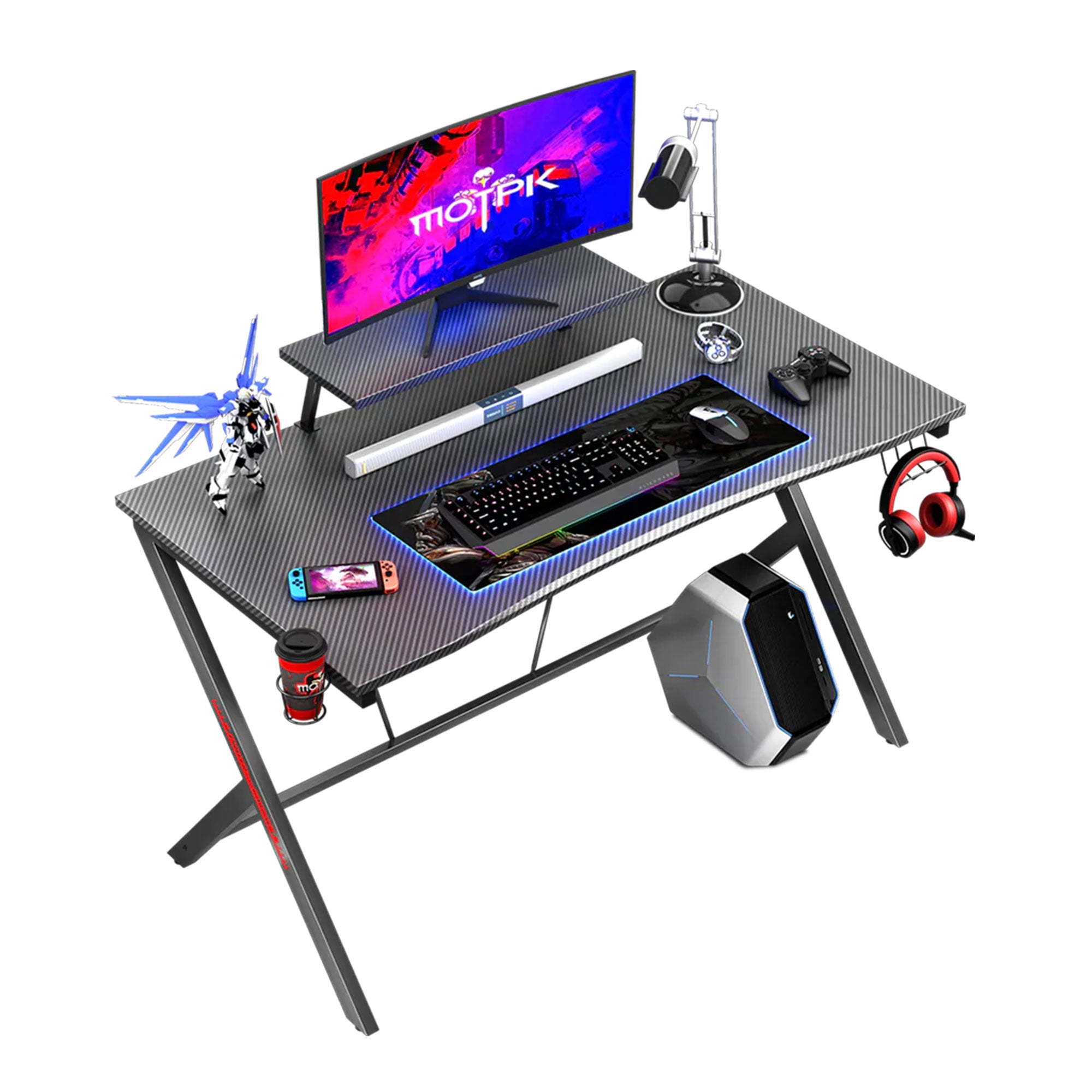 39 Inch Carbon Fiber Computer Gaming Desk with Raised Monitor Shelf