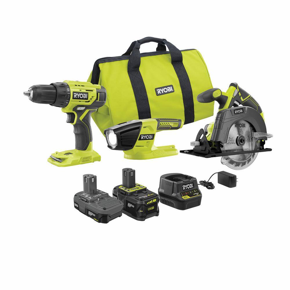 RYOBI ONE+ 18V Lithium-ion Cordless 3-Tool Combo Kit with (1) 4.0 Ah Battery (1) 1.5 Ah Battery Charger and Bag PCK101KN