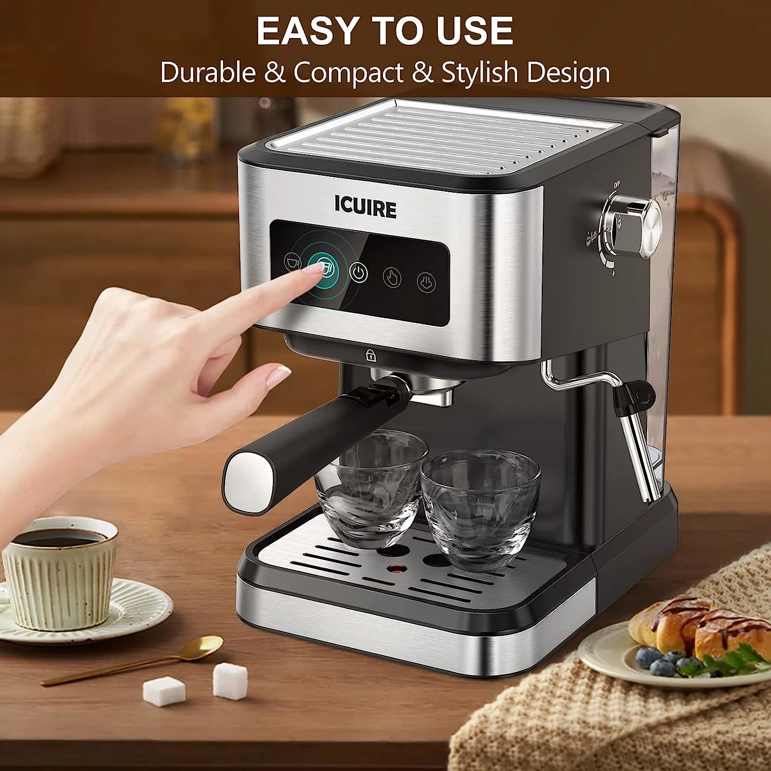 ICUIRE Espresso Machine, 20 Bar Compact Steam Espresso Coffee Machine with Milk Frother, Digital Touch Panel, 37 Oz Removable Water Tank for Espresso Make