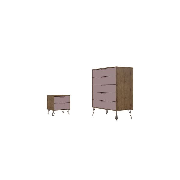 Rockefeller Tall 5- Dresser and 2-Drawer Nightstand in Nature and Rose Pink