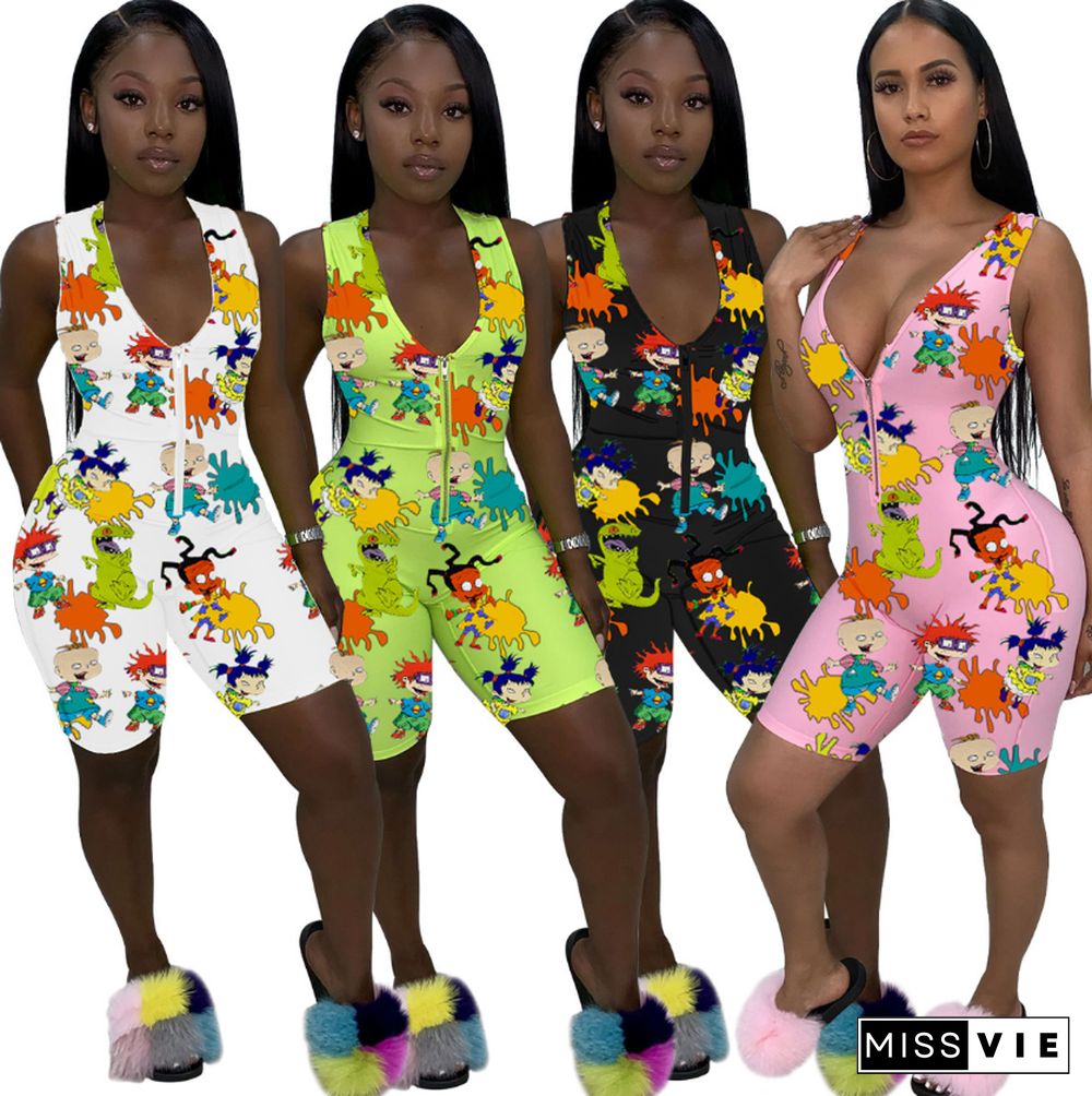 Women's Casual Sport Zipper Sleeveless Cartoon Print Rompers