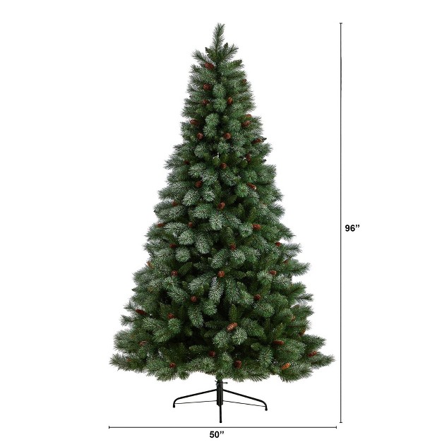 Nearly Natural 8-ft Snowed French Alps Mountain Pine Christmas Tree With 1159 Bendable Branches And Pine Cones