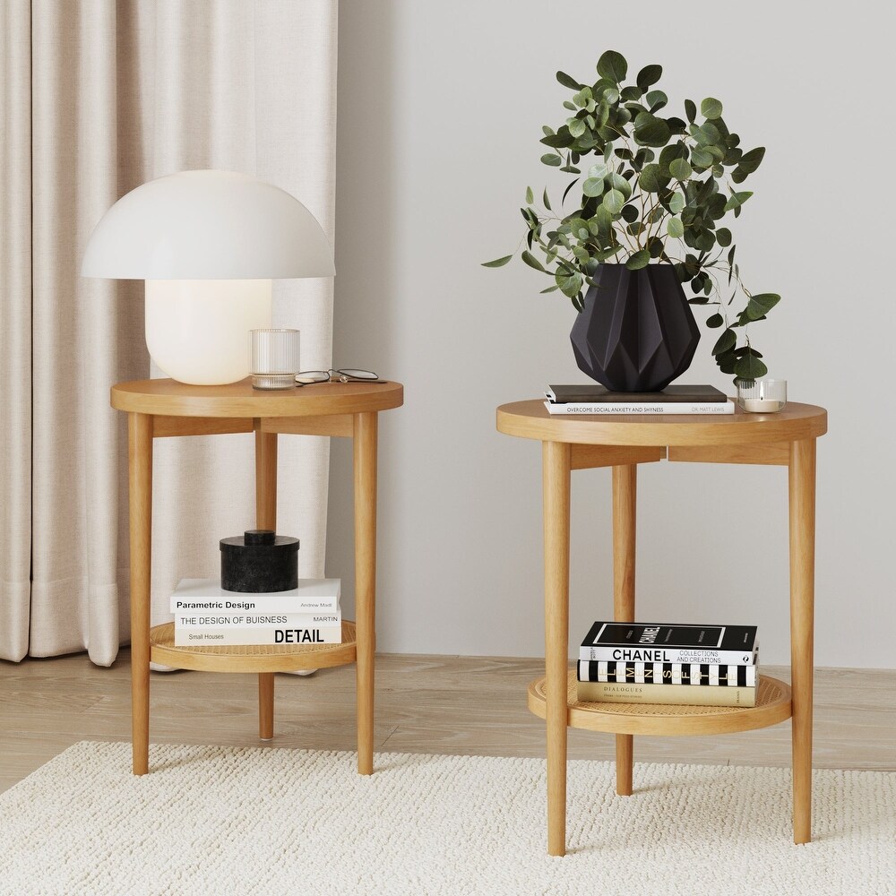 Nathan James Sonia Bohemian 2 Tier Round End Table in Light Wood With Rattan Storage Shelf