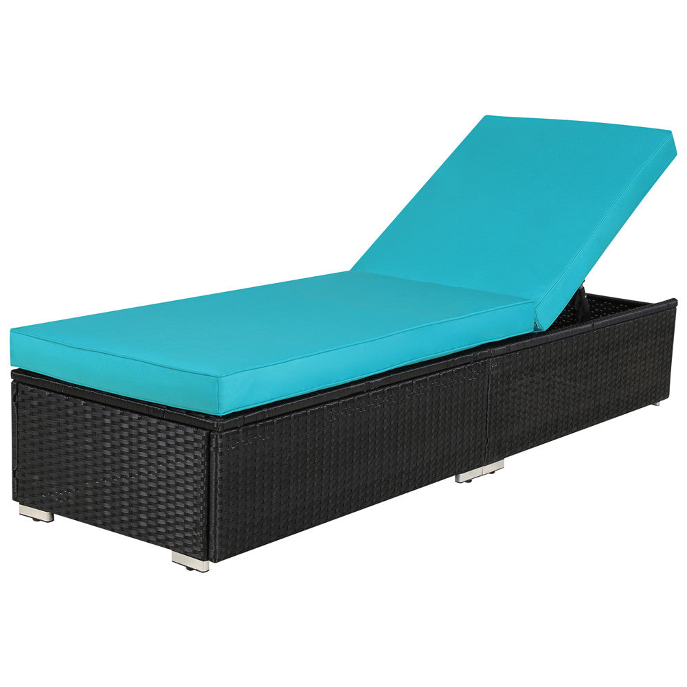 Outdoor Patio Lounge Chair Adjustable Chaise Long Rattan Chair, Wicker Chaise Additional Recliner Chair Patio Furniture, Black Wicker Blue Cushions