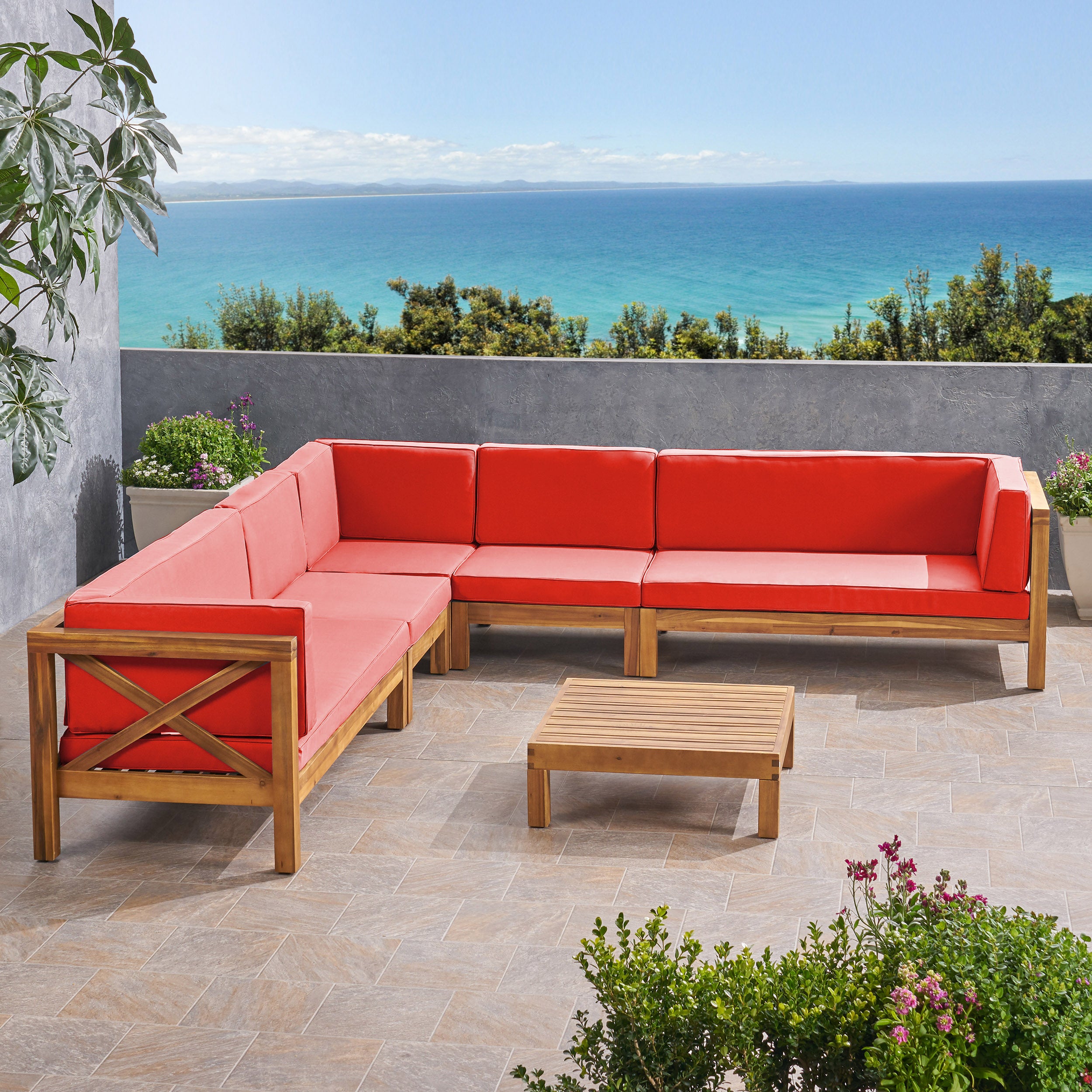 Cynthia Outdoor 7 Seater Acacia Wood Sectional Sofa Set