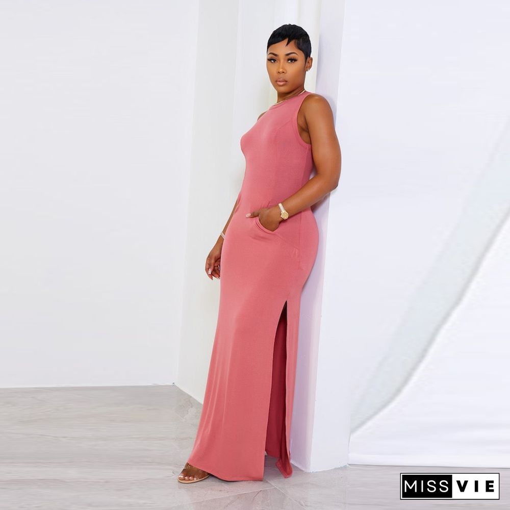 Cotton Solid Color Sleeveless Side Slit Maxi Dresses