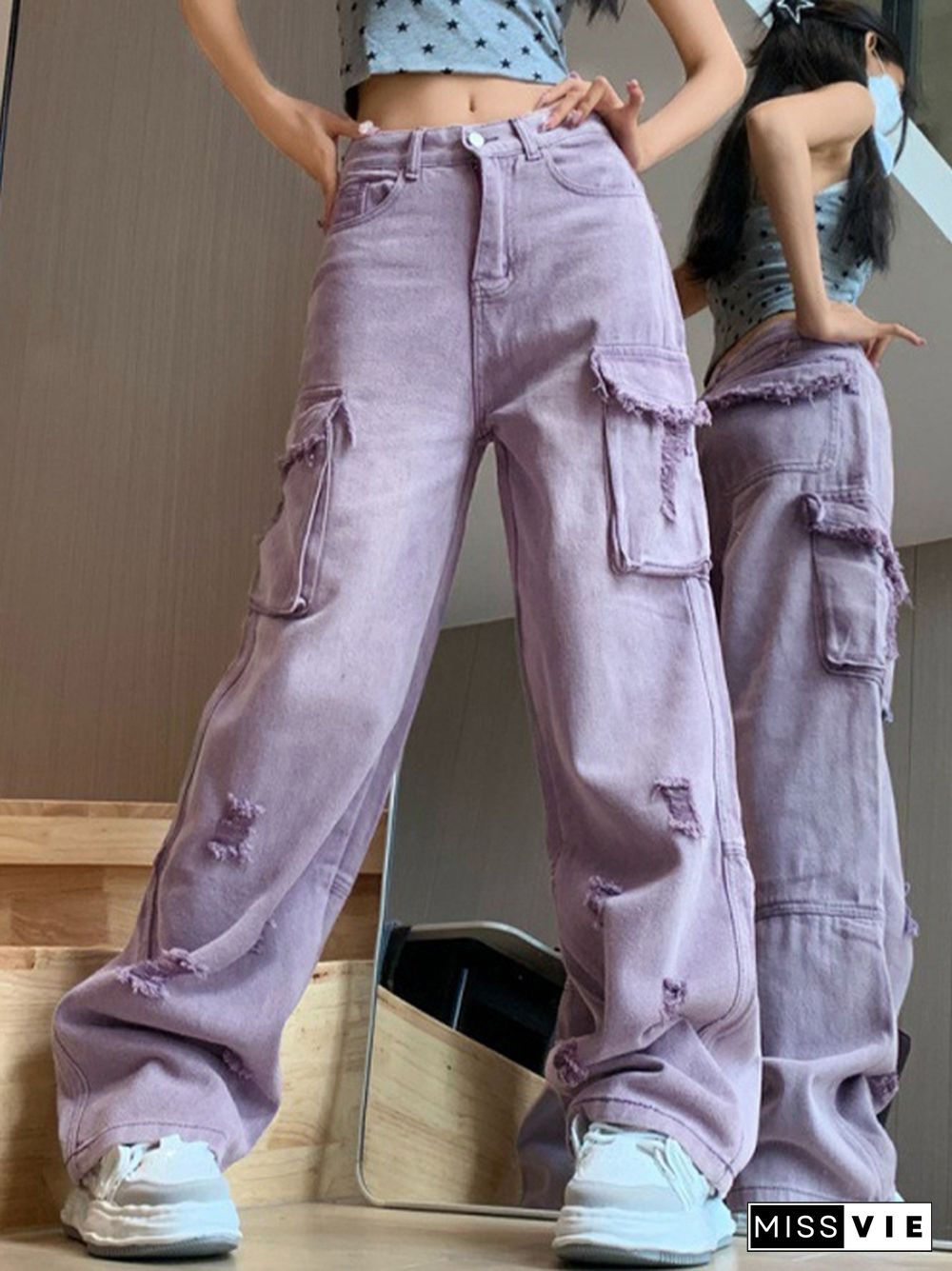 Purple Washed Distressed Ripped Cargo Cargo Jeans