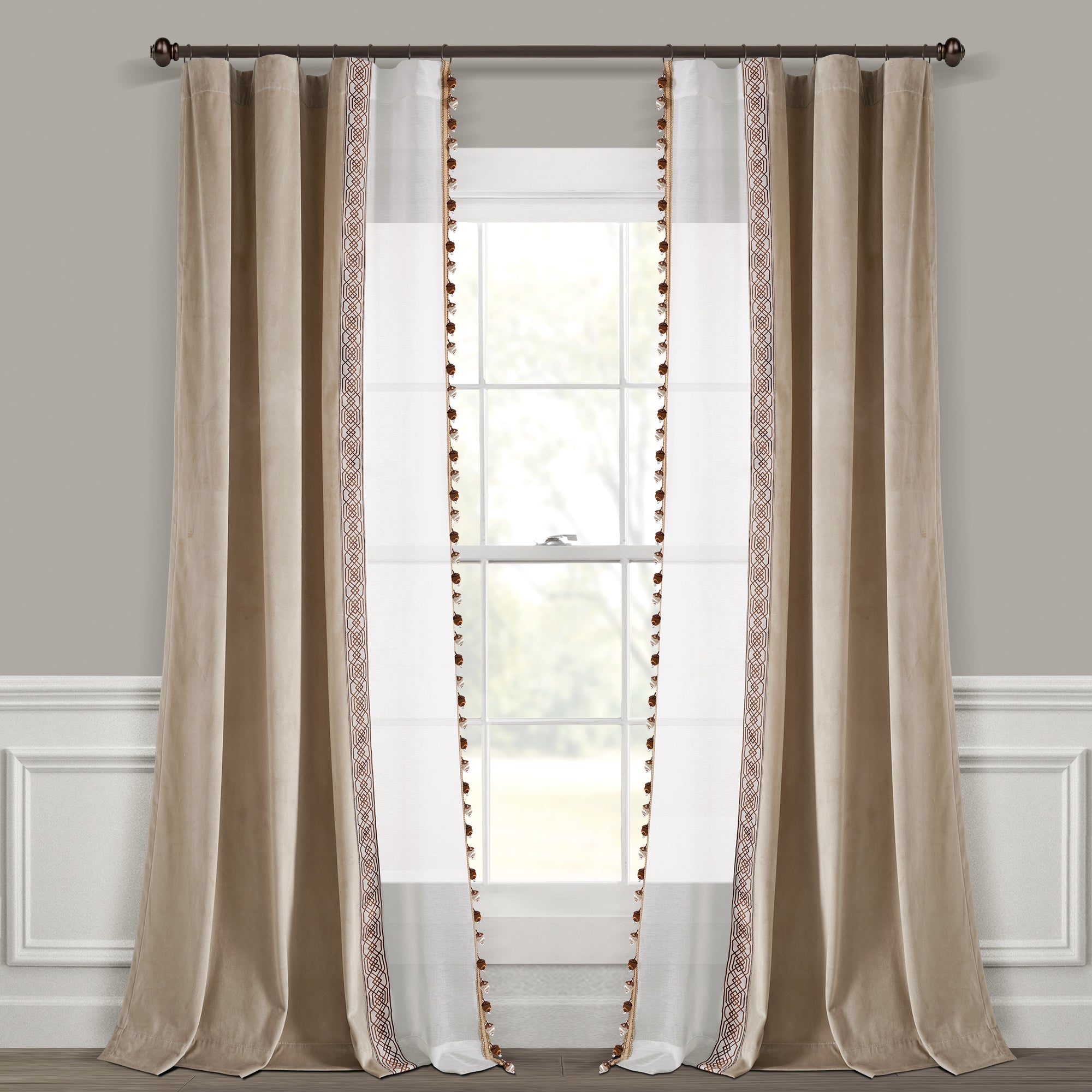 Luxury Vintage Velvet & Sheer With Border Pompom Trim Window Curtain Panel