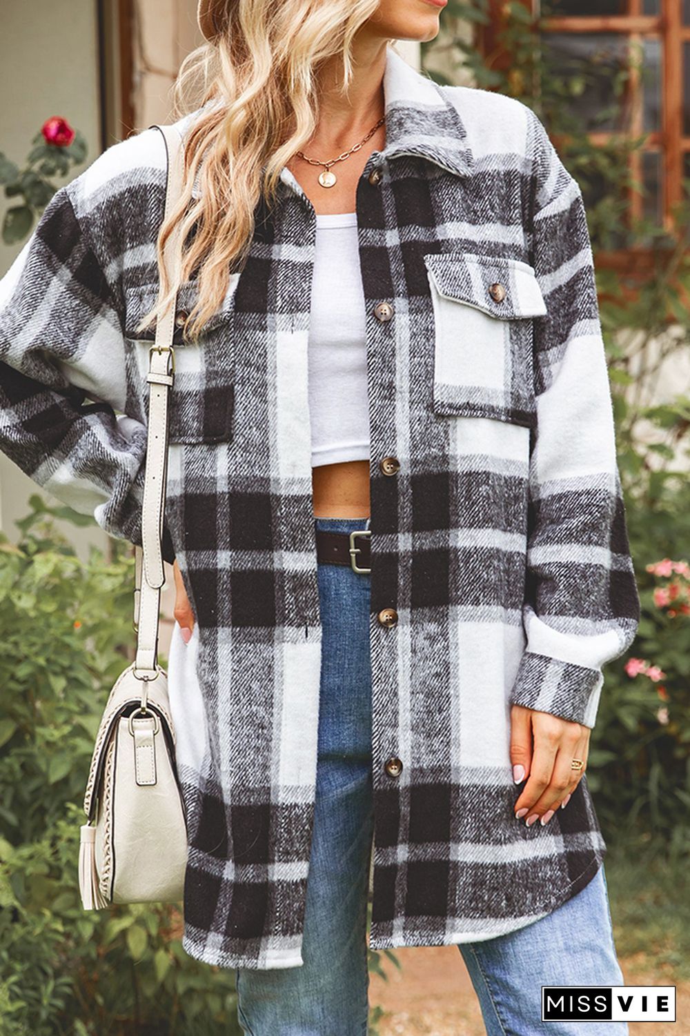 Button Pockets Plaid Shacket Jacket