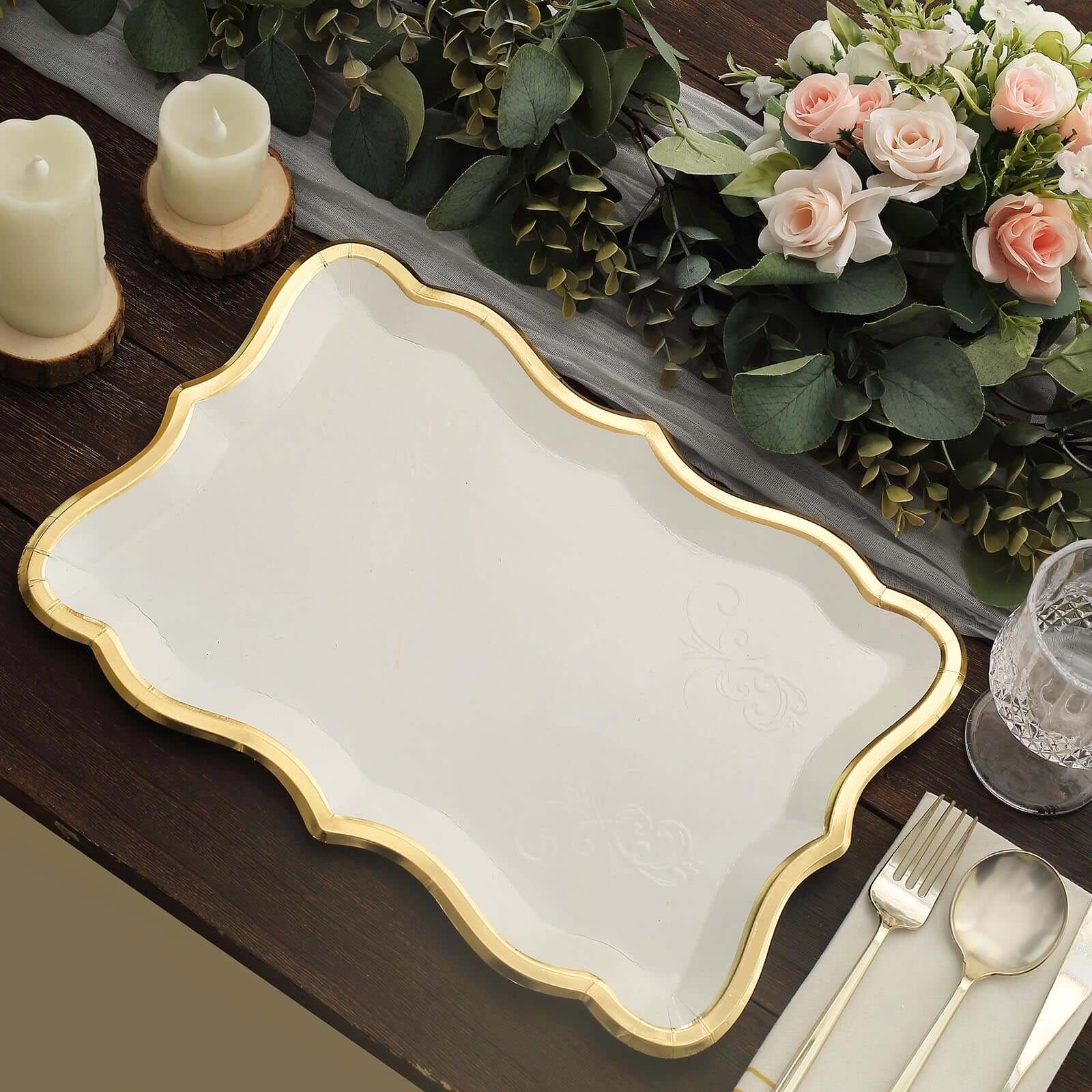 10 Pack Elegant White / Gold Rim Disposable Serving Trays, Heavy Duty 400 GSM Paper Rectangular Party Platters 14