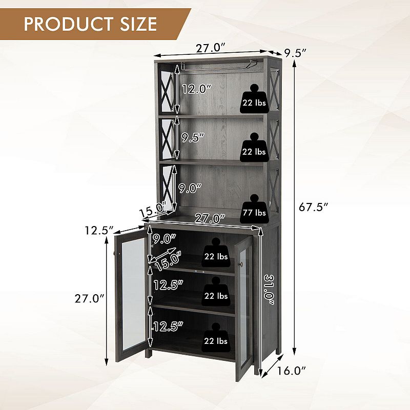 Tall Freestanding Bar Cabinet Buffet with Glass Holder and Adjustable Shelf