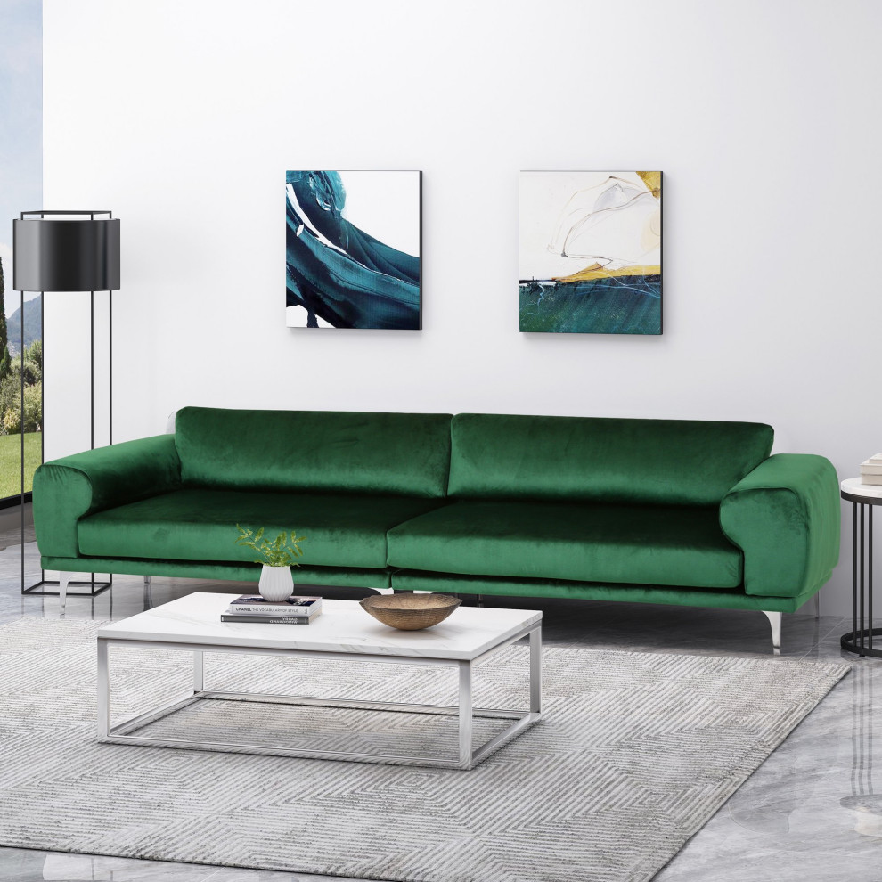 Modern Sofa  Silver Legs With Large Velvet Upholstered Seat  ampRound Arms  Green   Midcentury   Sofas   by Decorn  Houzz