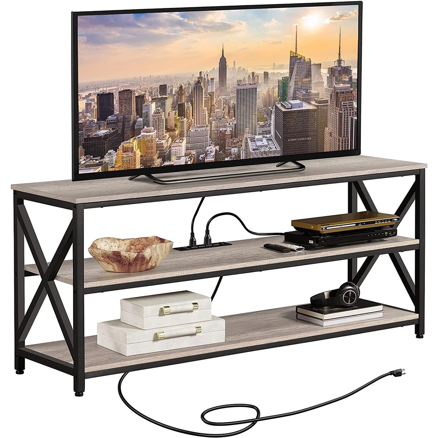 TV Stand with Power Outlets to 65 Inches， Industrial TV Console with 3-Tier Storage Shelves， Media Entertainment Center